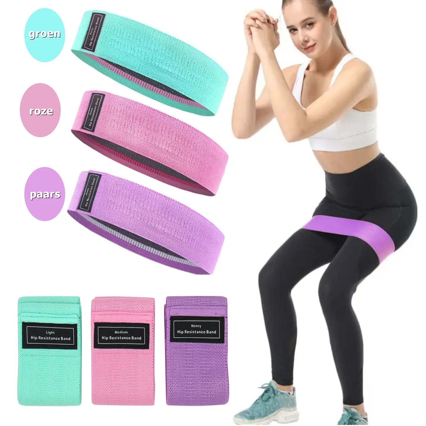 Weerstandsbanden Set, Resistance Band, Set van 3 stuks, Antislip Weerstandsbanden, Fitness Elastiek Booty Band, Weerstand Banden, Sport Banden, Home Workout, Stretch Band, met Opbergtasje