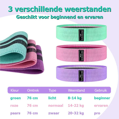Weerstandsbanden Set, Resistance Band, Set van 3 stuks, Antislip Weerstandsbanden, Fitness Elastiek Booty Band, Weerstand Banden, Sport Banden, Home Workout, Stretch Band, met Opbergtasje