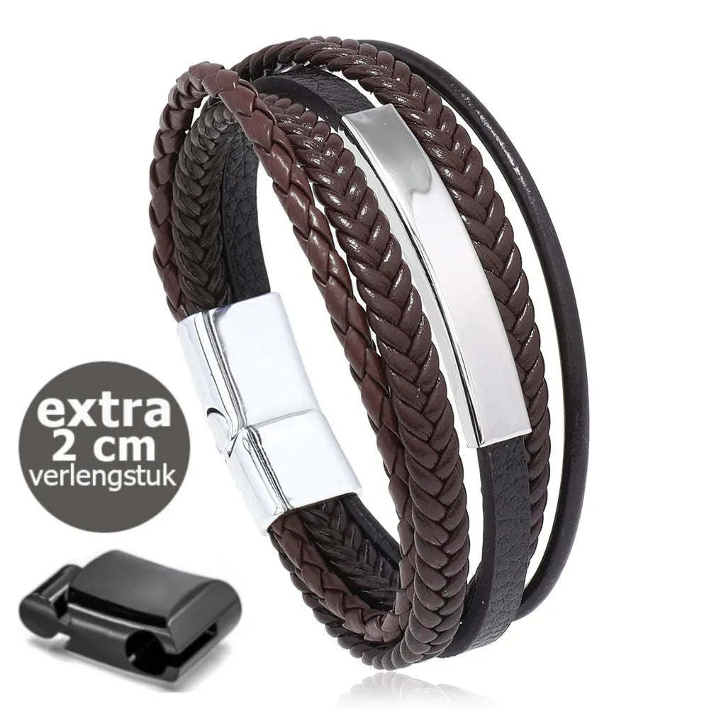 Armband, Armband Heren, Roestvrij Staal, Armbanden, Leren Armband Heren, Leren Armband, Leren Armbanden, Armbandje, Kunstleer, Mannen, Magnetische Sluiting, +2 CM Verlengstuk, Verjaardag, Vaderdag, Valentijnsdag, Cadeautje