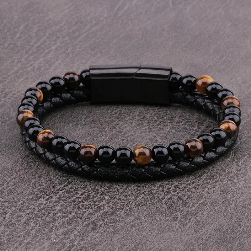 Armband, Armband Heren, Natuurstenen, Armbanden, Leren Armband Heren, Leren Armband, Leren Armbanden, Armbandje, Kunstleer, Mannen, Magnetische Sluiting, + 2 CM Verlengstuk, Verjaardag, Vaderdag, Valentijnsdag, Cadeautje