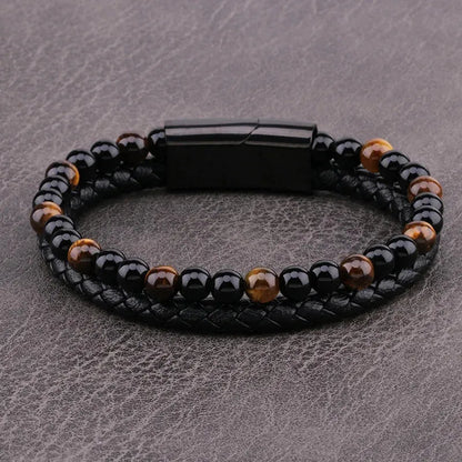 Armband, Armband Heren, Natuurstenen, Armbanden, Leren Armband Heren, Leren Armband, Leren Armbanden, Armbandje, Kunstleer, Mannen, Magnetische Sluiting, + 2 CM Verlengstuk, Verjaardag, Vaderdag, Valentijnsdag, Cadeautje