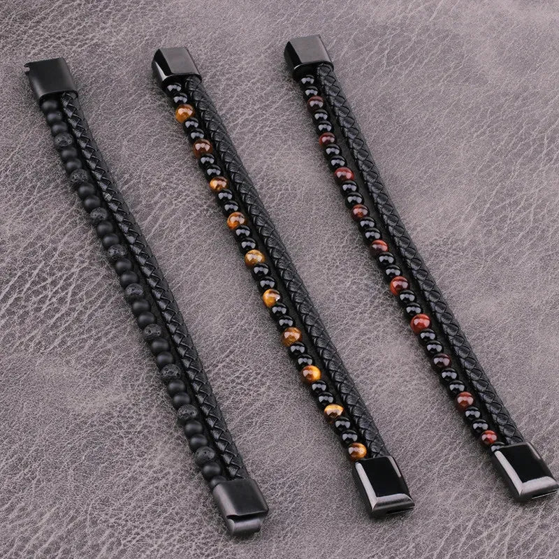 Armband, Armband Heren, Natuurstenen, Armbanden, Leren Armband Heren, Leren Armband, Leren Armbanden, Armbandje, Kunstleer, Mannen, Magnetische Sluiting, + 2 CM Verlengstuk, Verjaardag, Vaderdag, Valentijnsdag, Cadeautje