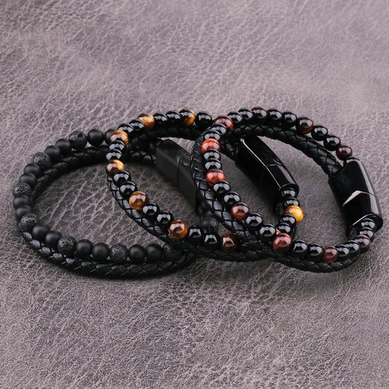 Armband, Armband Heren, Natuurstenen, Armbanden, Leren Armband Heren, Leren Armband, Leren Armbanden, Armbandje, Kunstleer, Mannen, Magnetische Sluiting, + 2 CM Verlengstuk, Verjaardag, Vaderdag, Valentijnsdag, Cadeautje