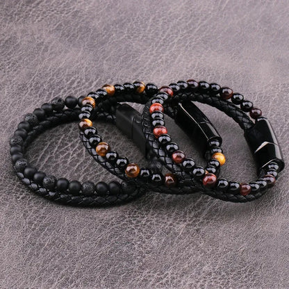 Armband, Armband Heren, Natuurstenen, Armbanden, Leren Armband Heren, Leren Armband, Leren Armbanden, Armbandje, Kunstleer, Mannen, Magnetische Sluiting, + 2 CM Verlengstuk, Verjaardag, Vaderdag, Valentijnsdag, Cadeautje
