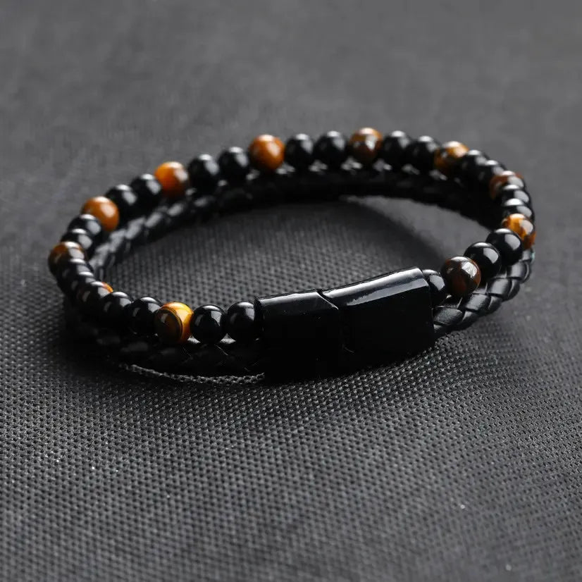 Armband, Armband Heren, Natuurstenen, Armbanden, Leren Armband Heren, Leren Armband, Leren Armbanden, Armbandje, Kunstleer, Mannen, Magnetische Sluiting, + 2 CM Verlengstuk, Verjaardag, Vaderdag, Valentijnsdag, Cadeautje
