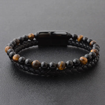 Armband, Armband Heren, Natuurstenen, Armbanden, Leren Armband Heren, Leren Armband, Leren Armbanden, Armbandje, Kunstleer, Mannen, Magnetische Sluiting, + 2 CM Verlengstuk, Verjaardag, Vaderdag, Valentijnsdag, Cadeautje