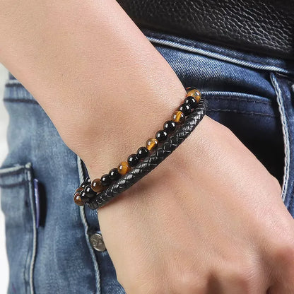Armband, Armband Heren, Natuurstenen, Armbanden, Leren Armband Heren, Leren Armband, Leren Armbanden, Armbandje, Kunstleer, Mannen, Magnetische Sluiting, + 2 CM Verlengstuk, Verjaardag, Vaderdag, Valentijnsdag, Cadeautje