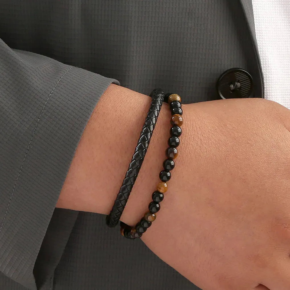 Armband, Armband Heren, Natuurstenen, Armbanden, Leren Armband Heren, Leren Armband, Leren Armbanden, Armbandje, Kunstleer, Mannen, Magnetische Sluiting, + 2 CM Verlengstuk, Verjaardag, Vaderdag, Valentijnsdag, Cadeautje
