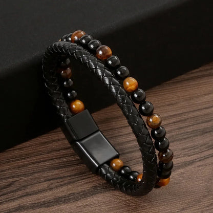 Armband, Armband Heren, Natuurstenen, Armbanden, Leren Armband Heren, Leren Armband, Leren Armbanden, Armbandje, Kunstleer, Mannen, Magnetische Sluiting, + 2 CM Verlengstuk, Verjaardag, Vaderdag, Valentijnsdag, Cadeautje
