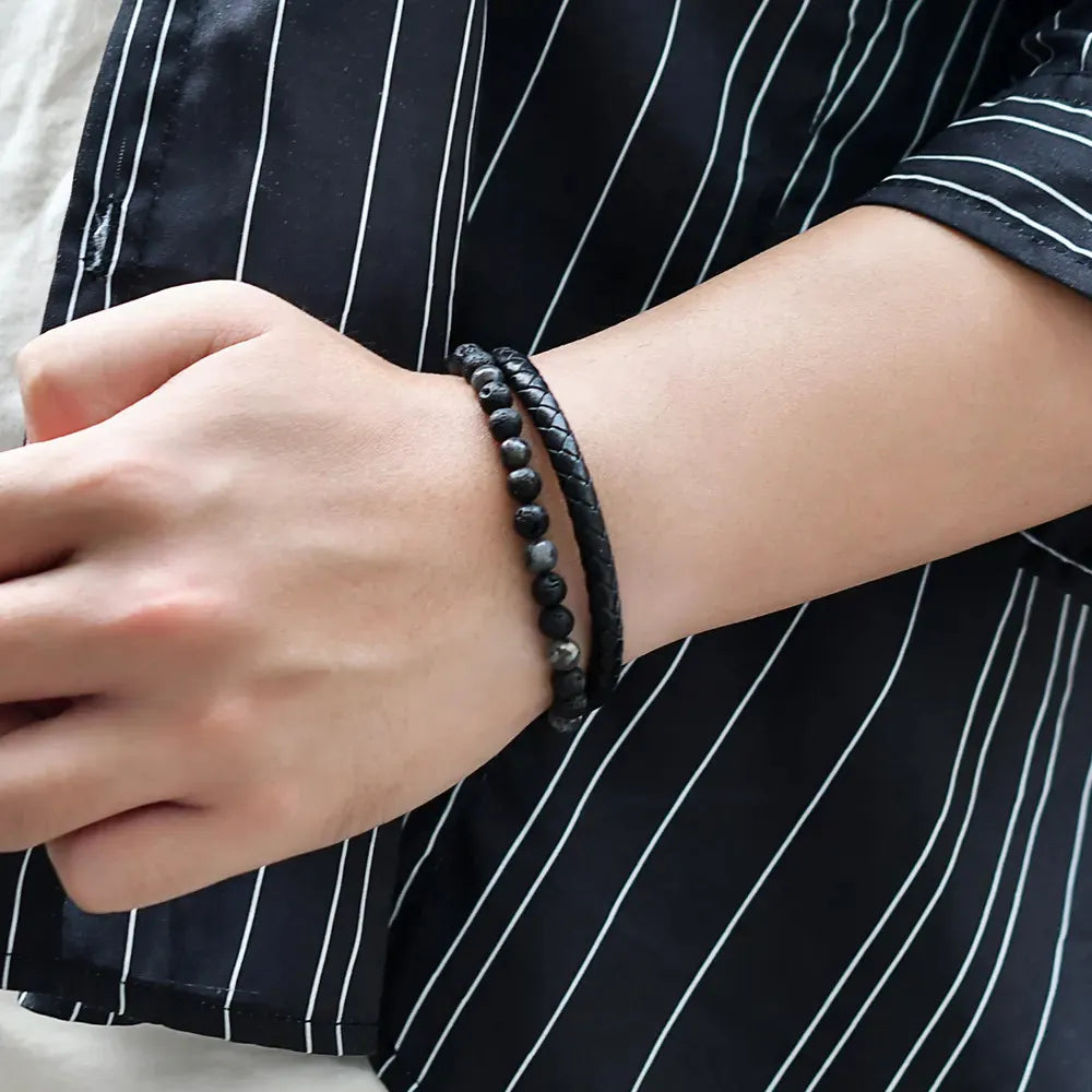Armband, Armband Heren, Natuurstenen, Armbanden, Leren Armband Heren, Leren Armband, Leren Armbanden, Armbandje, Kunstleer, Mannen, Magnetische Sluiting, + 2 CM Verlengstuk, Verjaardag, Vaderdag, Valentijnsdag, Cadeautje