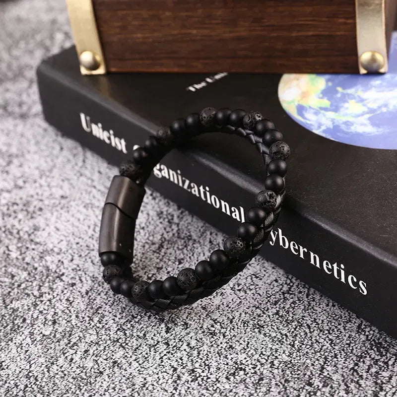 Armband, Armband Heren, Natuurstenen, Armbanden, Leren Armband Heren, Leren Armband, Leren Armbanden, Armbandje, Kunstleer, Mannen, Magnetische Sluiting, + 2 CM Verlengstuk, Verjaardag, Vaderdag, Valentijnsdag, Cadeautje