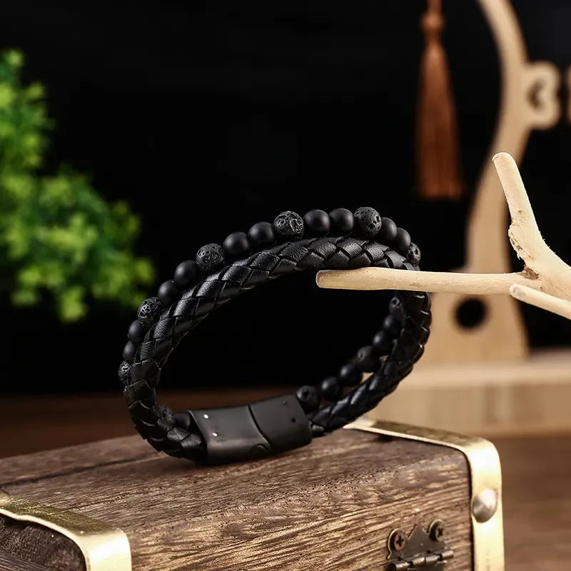 Armband, Armband Heren, Natuurstenen, Armbanden, Leren Armband Heren, Leren Armband, Leren Armbanden, Armbandje, Kunstleer, Mannen, Magnetische Sluiting, + 2 CM Verlengstuk, Verjaardag, Vaderdag, Valentijnsdag, Cadeautje