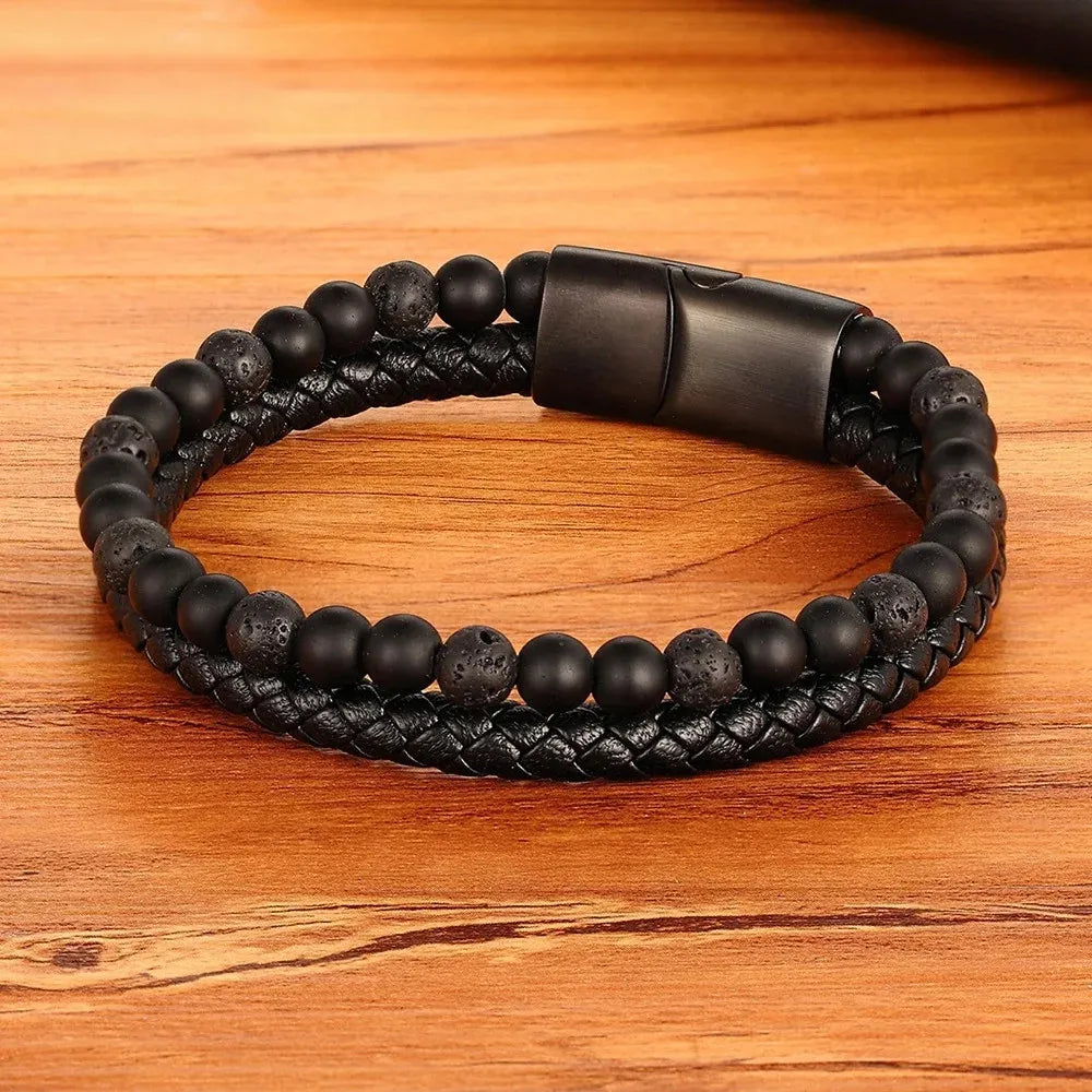 Armband, Armband Heren, Natuurstenen, Armbanden, Leren Armband Heren, Leren Armband, Leren Armbanden, Armbandje, Kunstleer, Mannen, Magnetische Sluiting, + 2 CM Verlengstuk, Verjaardag, Vaderdag, Valentijnsdag, Cadeautje
