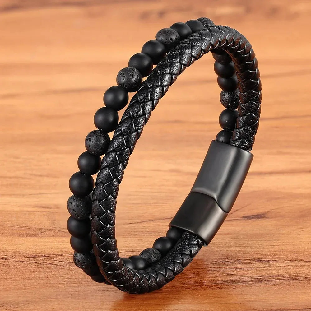 Armband, Armband Heren, Natuurstenen, Armbanden, Leren Armband Heren, Leren Armband, Leren Armbanden, Armbandje, Kunstleer, Mannen, Magnetische Sluiting, + 2 CM Verlengstuk, Verjaardag, Vaderdag, Valentijnsdag, Cadeautje