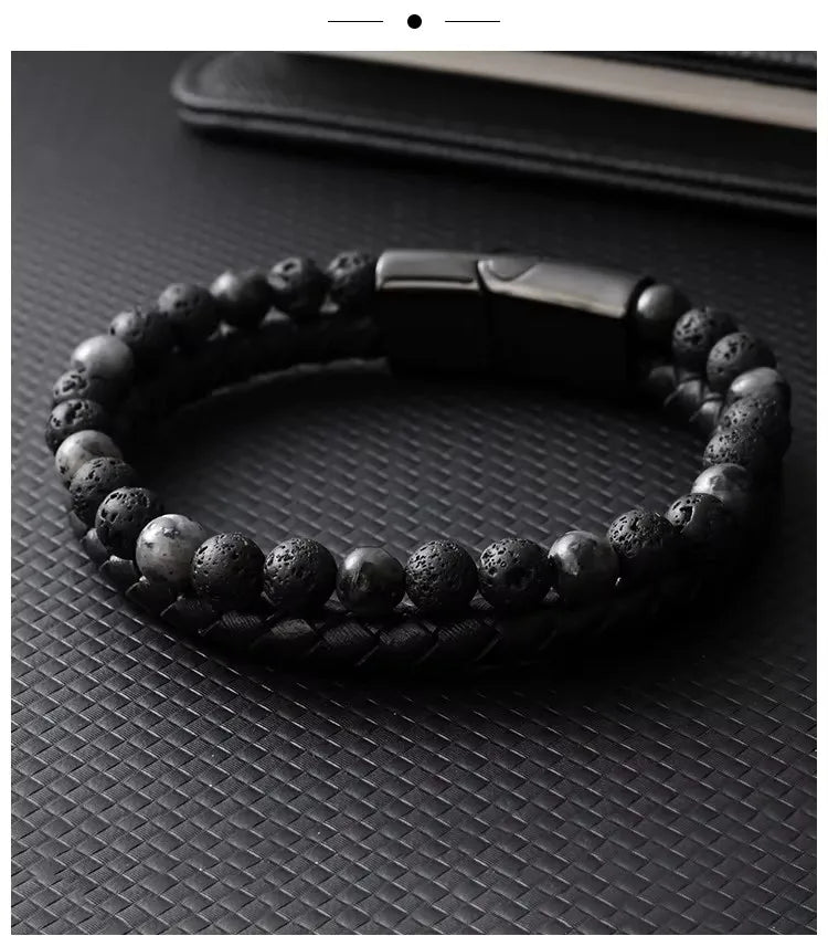 Armband, Armband Heren, Natuurstenen, Armbanden, Leren Armband Heren, Leren Armband, Leren Armbanden, Armbandje, Kunstleer, Mannen, Magnetische Sluiting, + 2 CM Verlengstuk, Verjaardag, Vaderdag, Valentijnsdag, Cadeautje