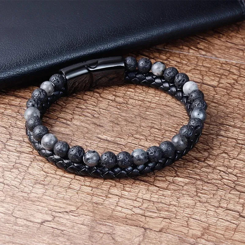 Armband, Armband Heren, Natuurstenen, Armbanden, Leren Armband Heren, Leren Armband, Leren Armbanden, Armbandje, Kunstleer, Mannen, Magnetische Sluiting, + 2 CM Verlengstuk, Verjaardag, Vaderdag, Valentijnsdag, Cadeautje