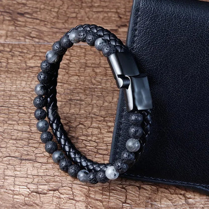 Armband, Armband Heren, Natuurstenen, Armbanden, Leren Armband Heren, Leren Armband, Leren Armbanden, Armbandje, Kunstleer, Mannen, Magnetische Sluiting, + 2 CM Verlengstuk, Verjaardag, Vaderdag, Valentijnsdag, Cadeautje