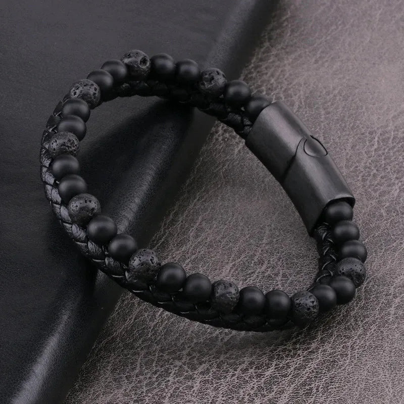 Armband, Armband Heren, Natuurstenen, Armbanden, Leren Armband Heren, Leren Armband, Leren Armbanden, Armbandje, Kunstleer, Mannen, Magnetische Sluiting, + 2 CM Verlengstuk, Verjaardag, Vaderdag, Valentijnsdag, Cadeautje