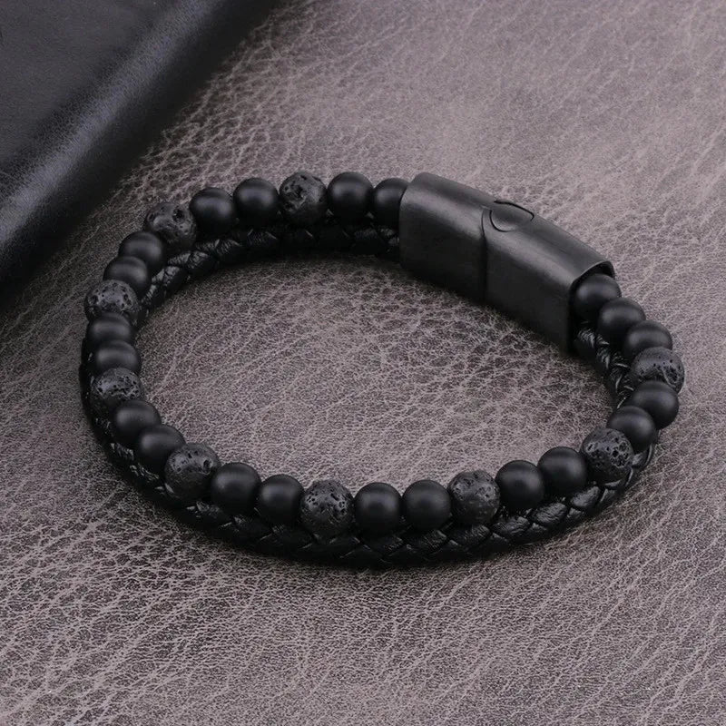 Armband, Armband Heren, Natuurstenen, Armbanden, Leren Armband Heren, Leren Armband, Leren Armbanden, Armbandje, Kunstleer, Mannen, Magnetische Sluiting, + 2 CM Verlengstuk, Verjaardag, Vaderdag, Valentijnsdag, Cadeautje