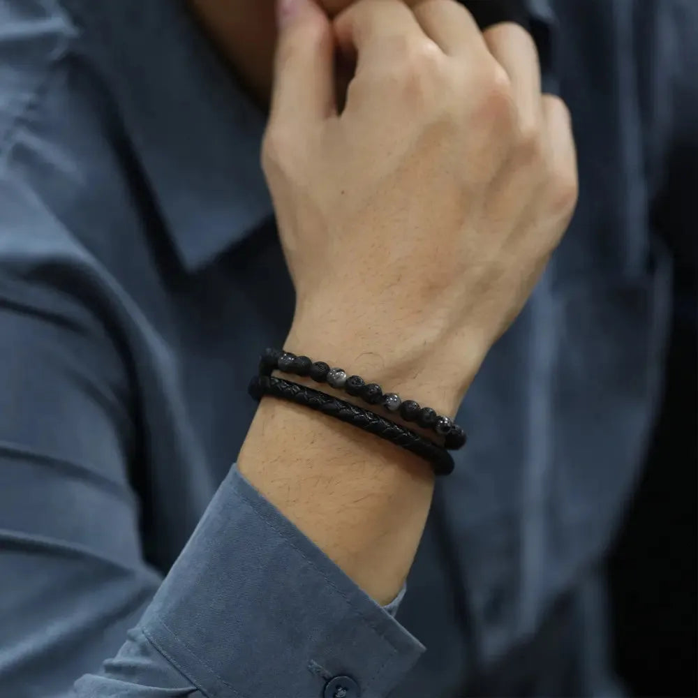 Armband, Armband Heren, Natuurstenen, Armbanden, Leren Armband Heren, Leren Armband, Leren Armbanden, Armbandje, Kunstleer, Mannen, Magnetische Sluiting, + 2 CM Verlengstuk, Verjaardag, Vaderdag, Valentijnsdag, Cadeautje