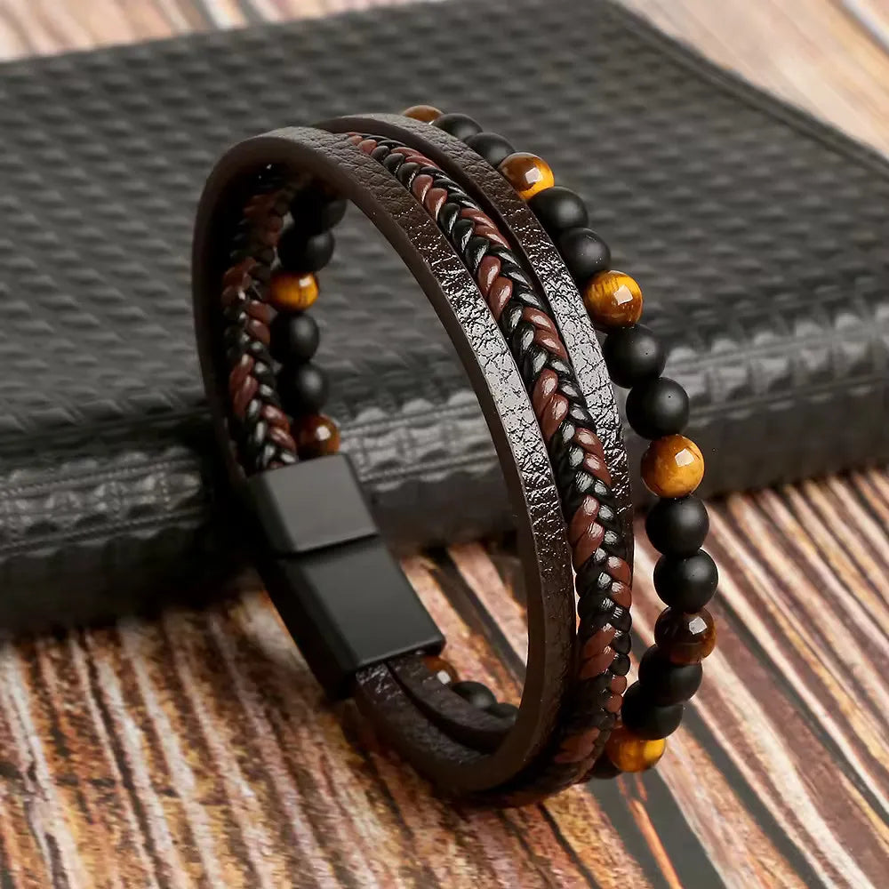 KHRONOX® Armband, Armband Heren, Natuurstenen, Armbanden, Leren Armband Heren, Leren Armband, Leren Armbanden, Armbandje, Kunstleer, Mannen, Magnetische Sluiting, + 2 CM Verlengstuk, Verjaardag, Vaderdag, Valentijnsdag, Cadeautje