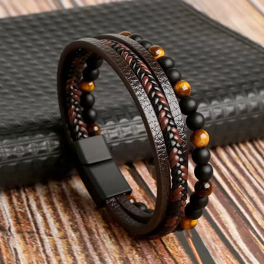 KHRONOX® Armband, Armband Heren, Natuurstenen, Armbanden, Leren Armband Heren, Leren Armband, Leren Armbanden, Armbandje, Kunstleer, Mannen, Magnetische Sluiting, + 2 CM Verlengstuk, Verjaardag, Vaderdag, Valentijnsdag, Cadeautje