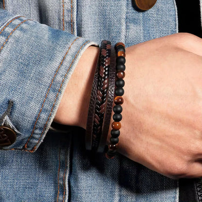 KHRONOX® Armband, Armband Heren, Natuurstenen, Armbanden, Leren Armband Heren, Leren Armband, Leren Armbanden, Armbandje, Kunstleer, Mannen, Magnetische Sluiting, + 2 CM Verlengstuk, Verjaardag, Vaderdag, Valentijnsdag, Cadeautje