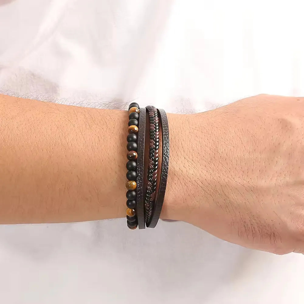 KHRONOX® Armband, Armband Heren, Natuurstenen, Armbanden, Leren Armband Heren, Leren Armband, Leren Armbanden, Armbandje, Kunstleer, Mannen, Magnetische Sluiting, + 2 CM Verlengstuk, Verjaardag, Vaderdag, Valentijnsdag, Cadeautje