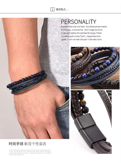 KHRONOX® Armband, Armband Heren, Natuurstenen, Armbanden, Leren Armband Heren, Leren Armband, Leren Armbanden, Armbandje, Kunstleer, Mannen, Magnetische Sluiting, + 2 CM Verlengstuk, Verjaardag, Vaderdag, Valentijnsdag, Cadeautje