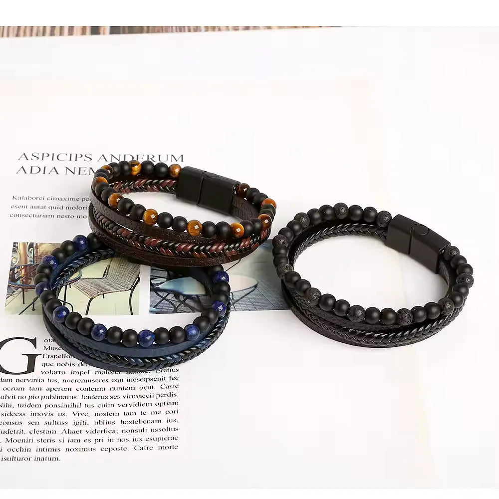 KHRONOX® Armband, Armband Heren, Natuurstenen, Armbanden, Leren Armband Heren, Leren Armband, Leren Armbanden, Armbandje, Kunstleer, Mannen, Magnetische Sluiting, + 2 CM Verlengstuk, Verjaardag, Vaderdag, Valentijnsdag, Cadeautje