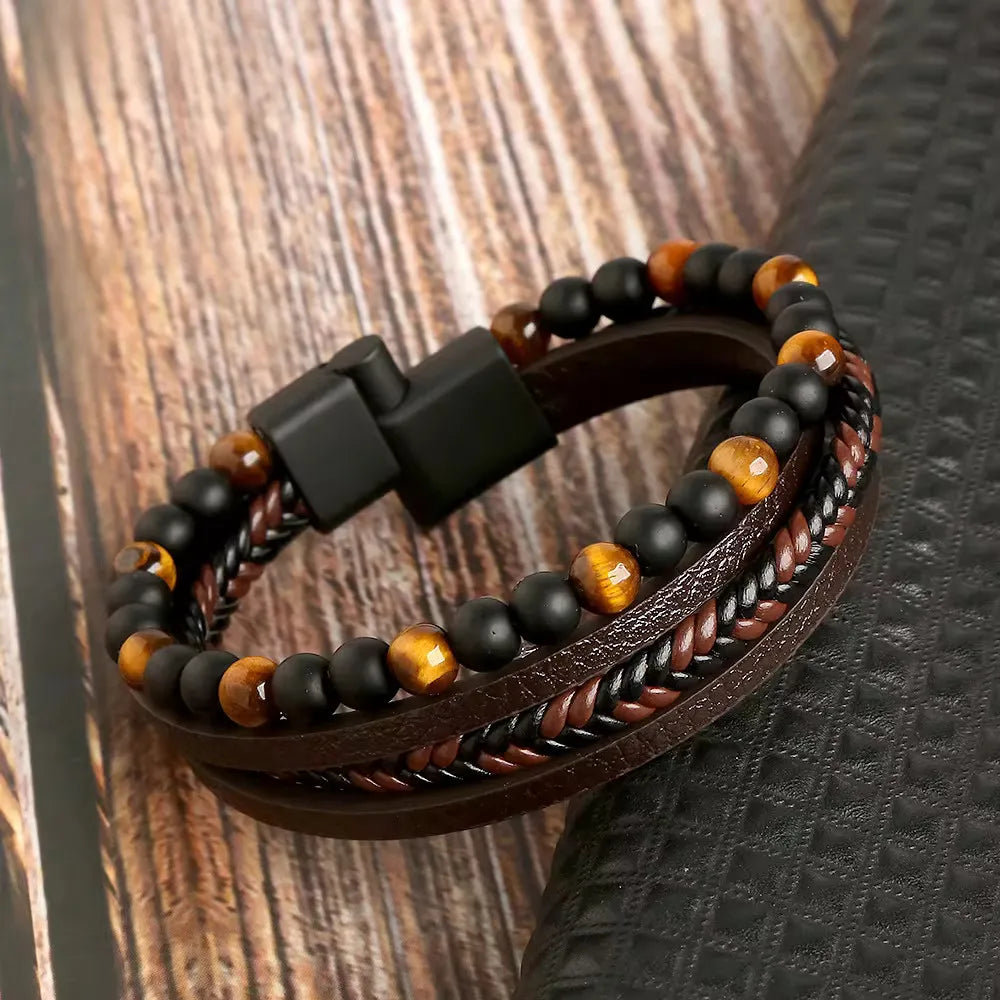 KHRONOX® Armband, Armband Heren, Natuurstenen, Armbanden, Leren Armband Heren, Leren Armband, Leren Armbanden, Armbandje, Kunstleer, Mannen, Magnetische Sluiting, + 2 CM Verlengstuk, Verjaardag, Vaderdag, Valentijnsdag, Cadeautje