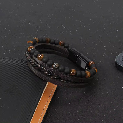 KHRONOX® Armband, Armband Heren, Natuurstenen, Armbanden, Leren Armband Heren, Leren Armband, Leren Armbanden, Armbandje, Kunstleer, Mannen, Magnetische Sluiting, + 2 CM Verlengstuk, Verjaardag, Vaderdag, Valentijnsdag, Cadeautje