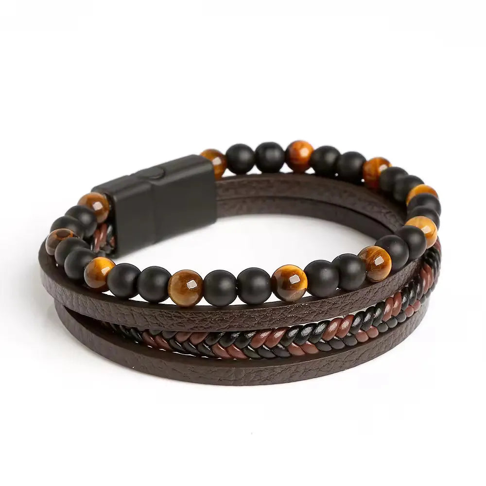 KHRONOX® Armband, Armband Heren, Natuurstenen, Armbanden, Leren Armband Heren, Leren Armband, Leren Armbanden, Armbandje, Kunstleer, Mannen, Magnetische Sluiting, + 2 CM Verlengstuk, Verjaardag, Vaderdag, Valentijnsdag, Cadeautje