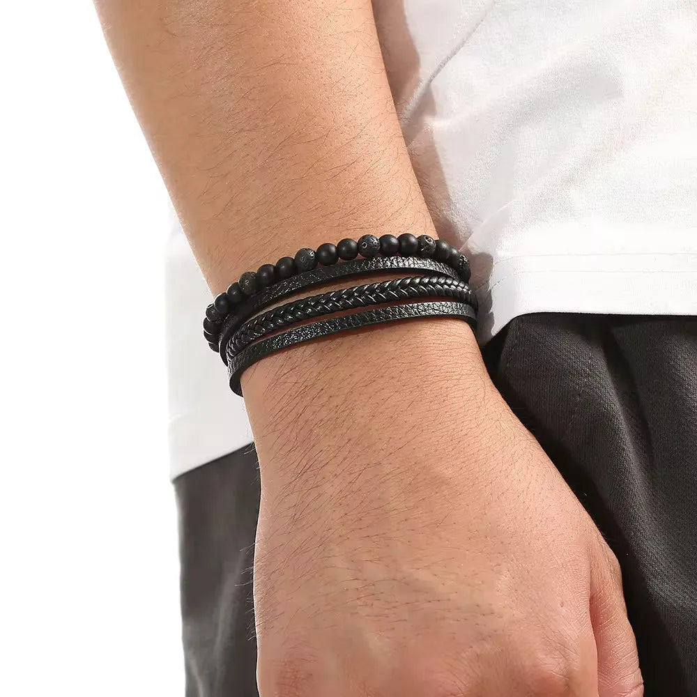KHRONOX® Armband, Armband Heren, Natuurstenen, Armbanden, Leren Armband Heren, Leren Armband, Leren Armbanden, Armbandje, Kunstleer, Mannen, Magnetische Sluiting, + 2 CM Verlengstuk, Verjaardag, Vaderdag, Valentijnsdag, Cadeautje