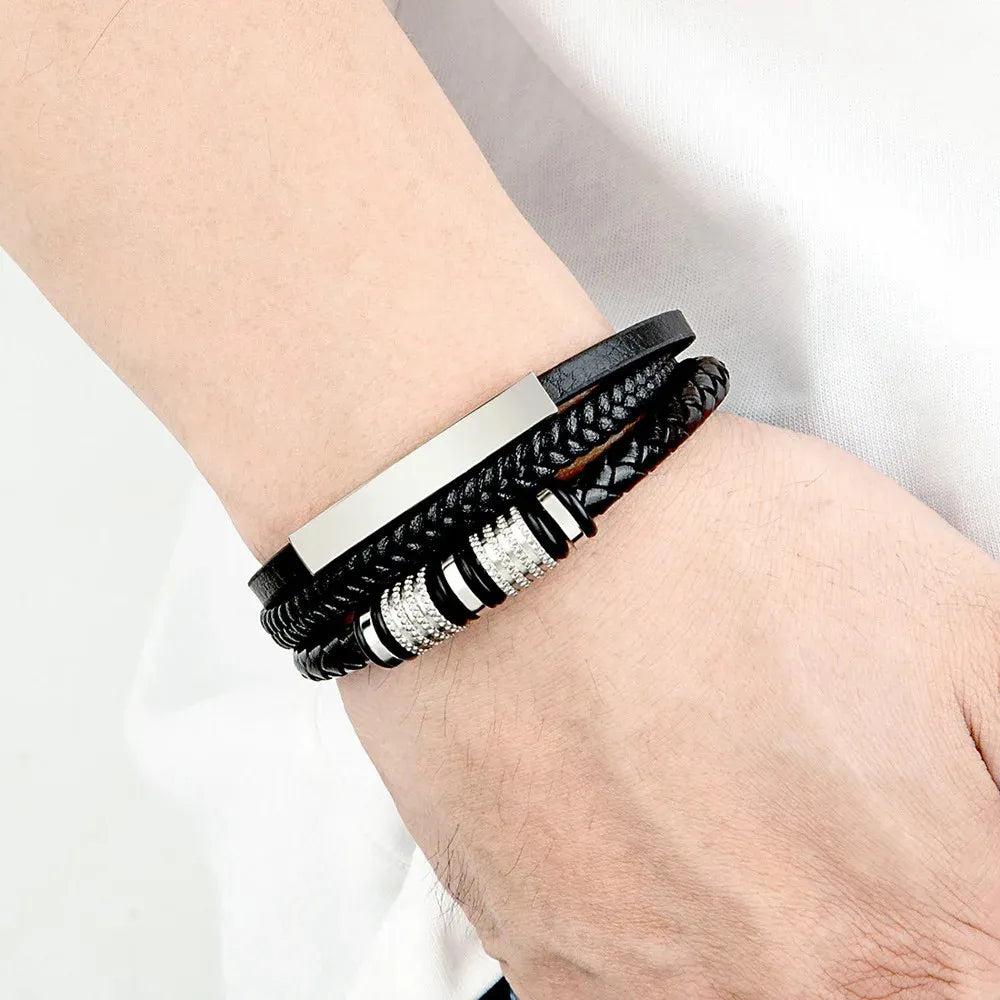 Armband, Armband Heren, Roestvrij Staal, Armbanden, Leren Armband Heren, Leren Armband, Leren Armbanden, Armbandje, Kunstleer, Mannen, Magnetische Sluiting, + 2 CM Verlengstuk, Verjaardag, Vaderdag Valentijnsdag, Cadeautje