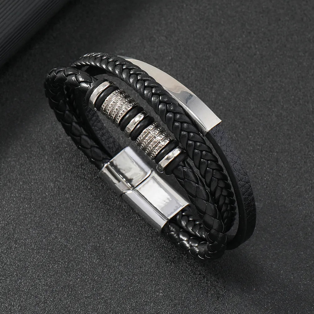 Armband, Armband Heren, Roestvrij Staal, Armbanden, Leren Armband Heren, Leren Armband, Leren Armbanden, Armbandje, Kunstleer, Mannen, Magnetische Sluiting, + 2 CM Verlengstuk, Verjaardag, Vaderdag Valentijnsdag, Cadeautje