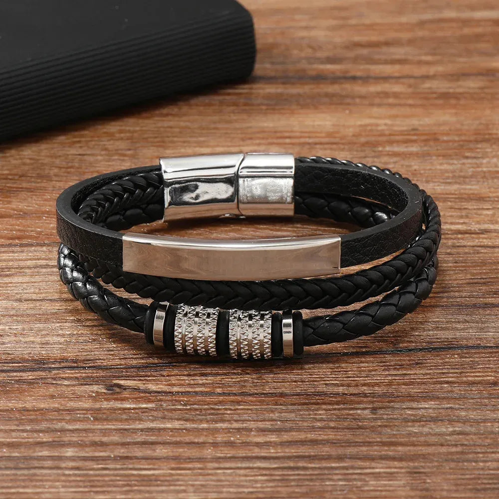 Armband, Armband Heren, Roestvrij Staal, Armbanden, Leren Armband Heren, Leren Armband, Leren Armbanden, Armbandje, Kunstleer, Mannen, Magnetische Sluiting, + 2 CM Verlengstuk, Verjaardag, Vaderdag Valentijnsdag, Cadeautje