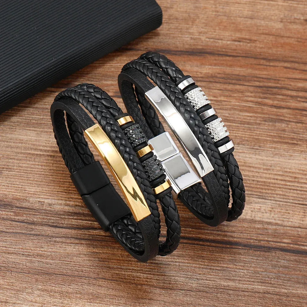 Armband, Armband Heren, Roestvrij Staal, Armbanden, Leren Armband Heren, Leren Armband, Leren Armbanden, Armbandje, Kunstleer, Mannen, Magnetische Sluiting, + 2 CM Verlengstuk, Verjaardag, Vaderdag Valentijnsdag, Cadeautje