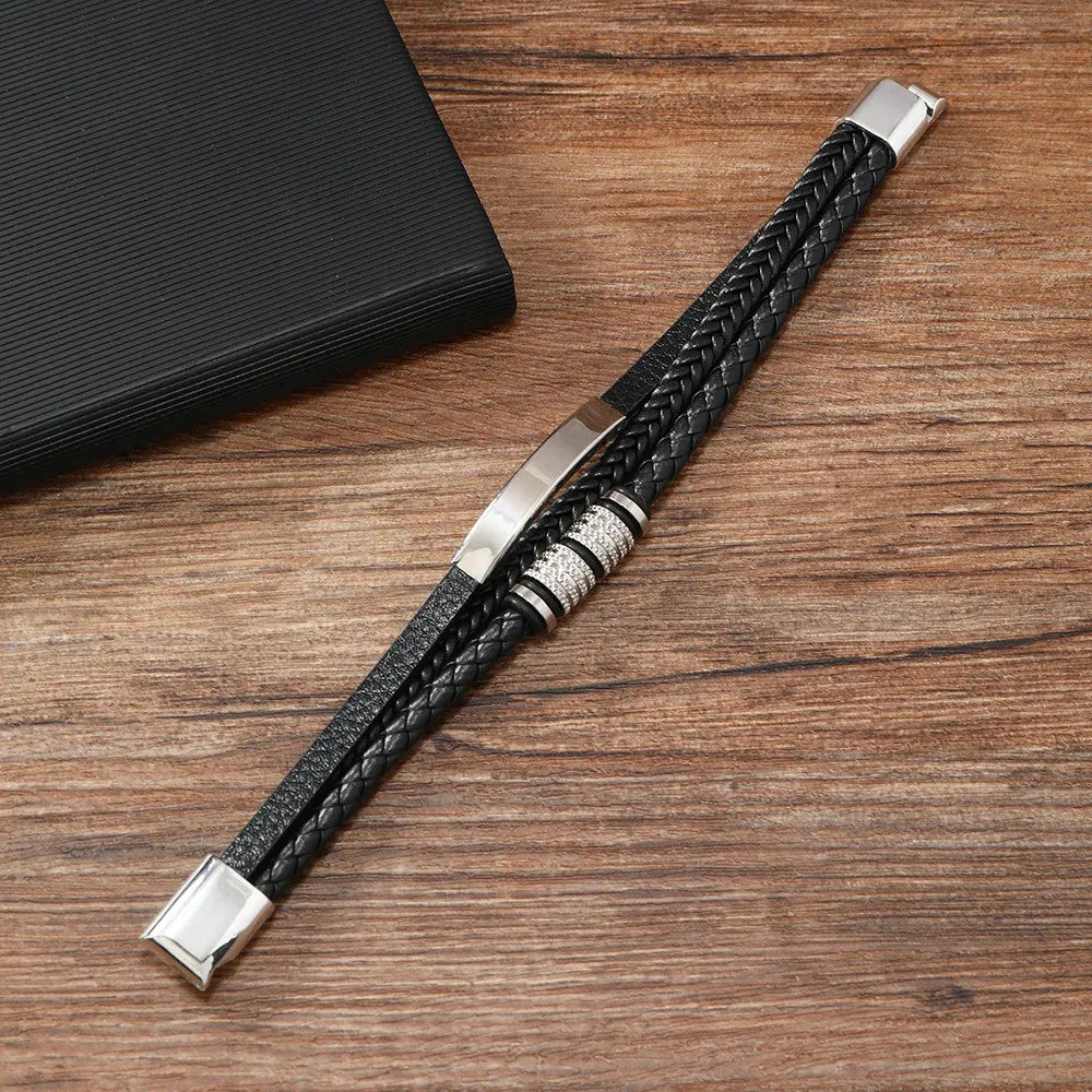 Armband, Armband Heren, Roestvrij Staal, Armbanden, Leren Armband Heren, Leren Armband, Leren Armbanden, Armbandje, Kunstleer, Mannen, Magnetische Sluiting, + 2 CM Verlengstuk, Verjaardag, Vaderdag Valentijnsdag, Cadeautje