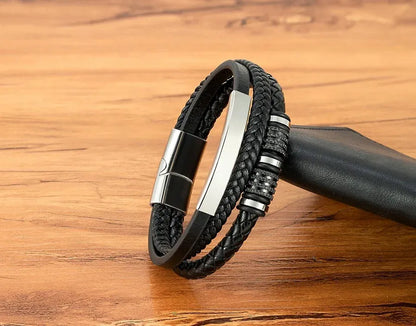 Armband, Armband Heren, Roestvrij Staal, Armbanden, Leren Armband Heren, Leren Armband, Leren Armbanden, Armbandje, Kunstleer, Mannen, Magnetische Sluiting, + 2 CM Verlengstuk, Verjaardag, Vaderdag Valentijnsdag, Cadeautje