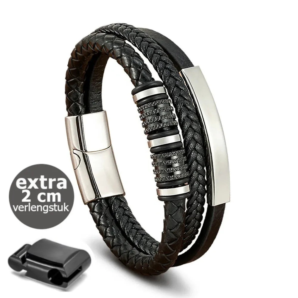 Armband, Armband Heren, Roestvrij Staal, Armbanden, Leren Armband Heren, Leren Armband, Leren Armbanden, Armbandje, Kunstleer, Mannen, Magnetische Sluiting, + 2 CM Verlengstuk, Verjaardag, Vaderdag Valentijnsdag, Cadeautje