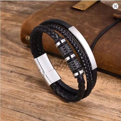 Armband, Armband Heren, Roestvrij Staal, Armbanden, Leren Armband Heren, Leren Armband, Leren Armbanden, Armbandje, Kunstleer, Mannen, Magnetische Sluiting, + 2 CM Verlengstuk, Verjaardag, Vaderdag Valentijnsdag, Cadeautje