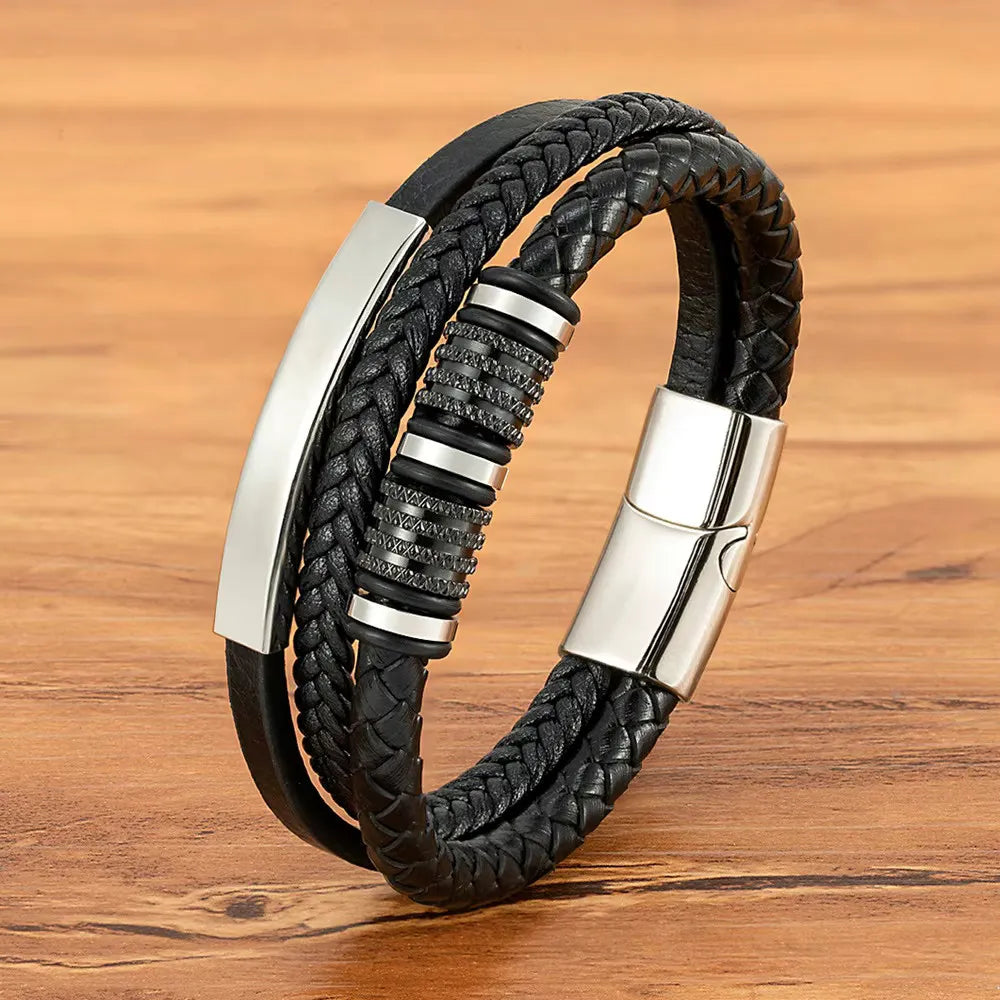 Armband, Armband Heren, Roestvrij Staal, Armbanden, Leren Armband Heren, Leren Armband, Leren Armbanden, Armbandje, Kunstleer, Mannen, Magnetische Sluiting, + 2 CM Verlengstuk, Verjaardag, Vaderdag Valentijnsdag, Cadeautje