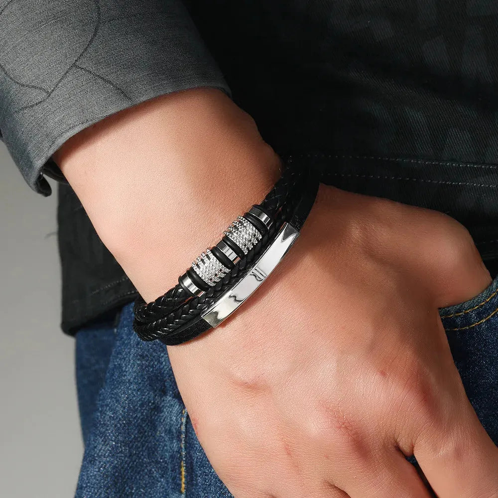 Armband, Armband Heren, Roestvrij Staal, Armbanden, Leren Armband Heren, Leren Armband, Leren Armbanden, Armbandje, Kunstleer, Mannen, Magnetische Sluiting, + 2 CM Verlengstuk, Verjaardag, Vaderdag Valentijnsdag, Cadeautje