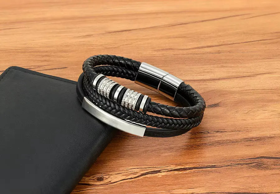 Armband, Armband Heren, Roestvrij Staal, Armbanden, Leren Armband Heren, Leren Armband, Leren Armbanden, Armbandje, Kunstleer, Mannen, Magnetische Sluiting, + 2 CM Verlengstuk, Verjaardag, Vaderdag Valentijnsdag, Cadeautje