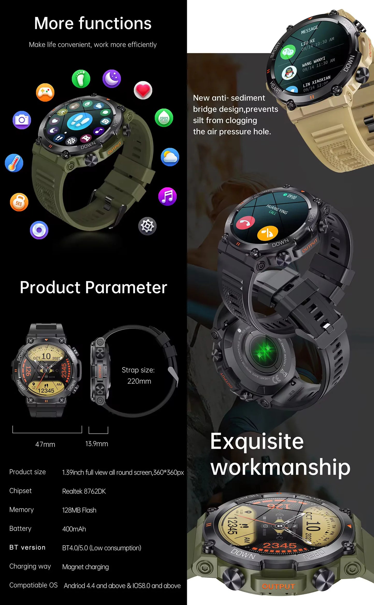 Smartwatch Dames en Heren, Horloge, Smartwatch Bluetooth, Sporthorloge, Horloge Heren en Dames, Activity Tracker, IPS Scherm, WATERDICHT, 30 Dagen Batterij, Smartwatches geschikt voor IOS, Android