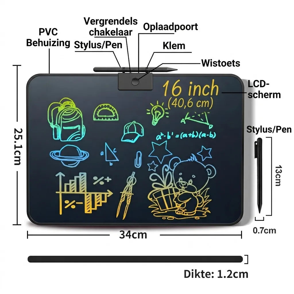 KHRONOX® Tekentablet, Tekenbord, 16 İnch, Tekentablet Kinderen, Tekenbord Kinderen, Tekentablet Voor Kinderen, LCD Tekentablet, USB Oplaadbaar Tekentablet, Groot 16 İnch Scherm, Kinderspeelgoed, Kleine Cadeautje, Kerstcadeau, Verjaardagcadeau