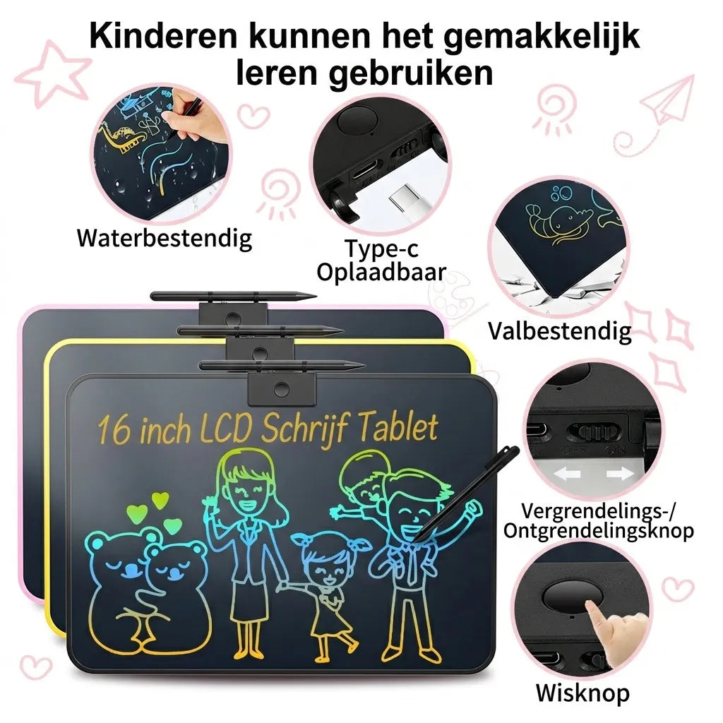 KHRONOX® Tekentablet, Tekenbord, 16 İnch, Tekentablet Kinderen, Tekenbord Kinderen, Tekentablet Voor Kinderen, LCD Tekentablet, USB Oplaadbaar Tekentablet, Groot 16 İnch Scherm, Kinderspeelgoed, Kleine Cadeautje, Kerstcadeau, Verjaardagcadeau
